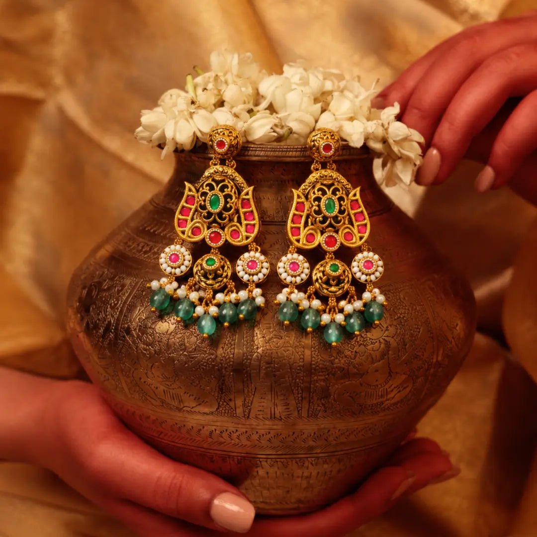 South Indian bridal gold jhumka earrings with Kanjeevaram saree — South Temple Jewellery